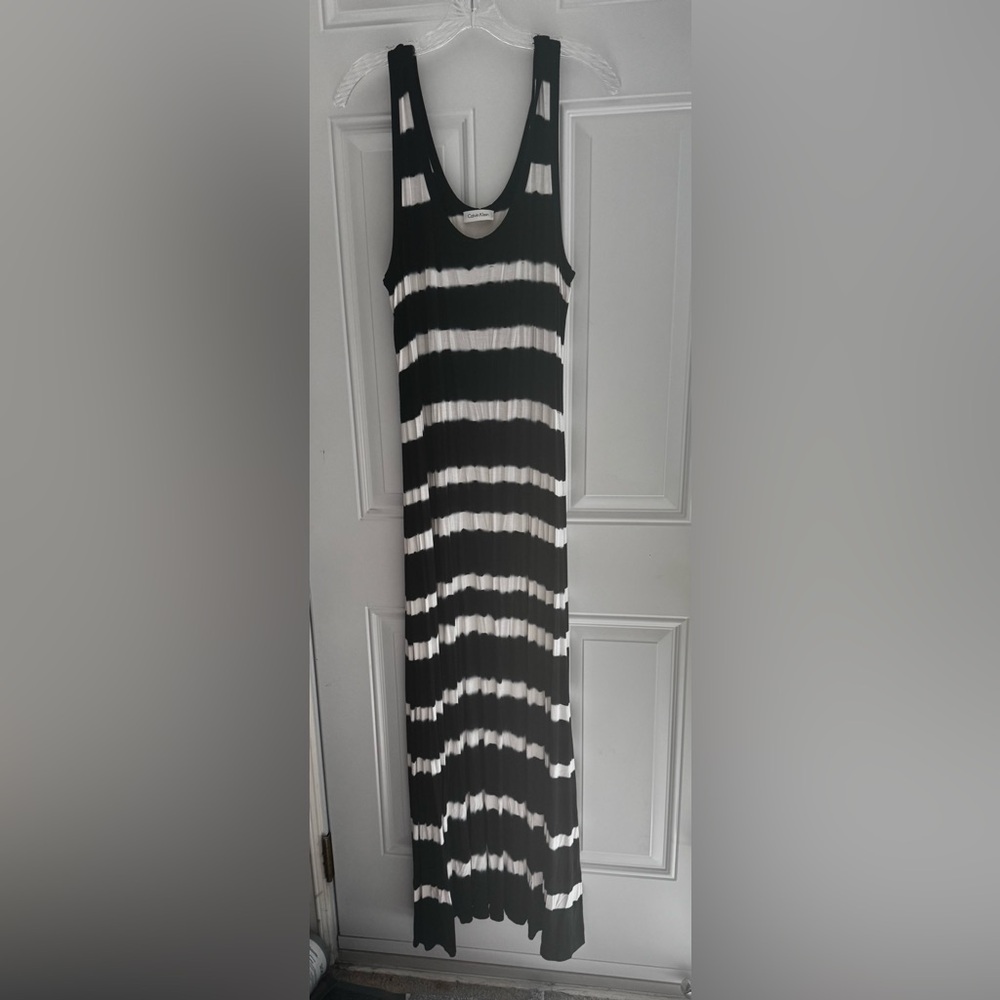 Calvin Klein Black and White Striped Maxi Dress